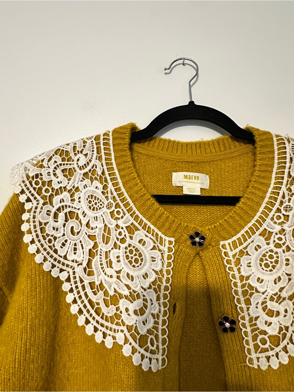 Anthro Maeve Lace Collar Mustard Yellow Granny Cardigan size Small - Picture 3 of 5